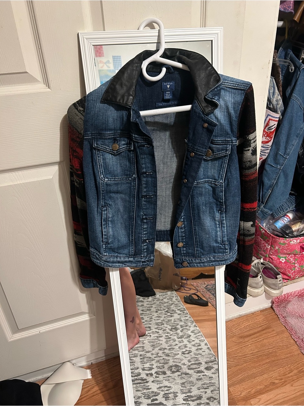 GUESS Jean Jacket with Knit Aztec Sleeves - Blue, Black, Red